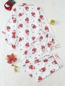 2pcs Comfortable Christmas Santa Candy Print Long Sleeve Collared Top And Bow Tie Pants Women's Pajama Set - White - View 2