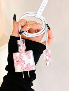 Cute Lily Flower Charger Protector Set, Transparent Charger Adapter Protective Case, Cable Protector Decoration Set, Fashion Floral Pattern Charging Accessories, Suitable For Daily Use - Pink Flower Graphics - View 6