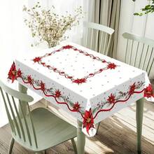 1pc Minimalist Christmas Tablecloth, Christmas Tree Red Ribbon Pattern, Poinsettia Flower Design, Rectangular, Christmas Home Decor Tablecloth, Suitable For New Year Party Dinner Table Atmosphere Decoration - A - View 6