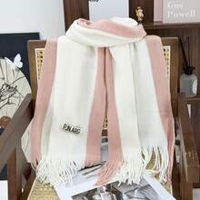 Women's Contrast Color Vertical Striped Tassel Scarf, Soft Pink And White Color Block Knitted Oversized Scarf, Versatile Warm Shawl For Autumn/Winter - Two-color Label Pink/White - View 6