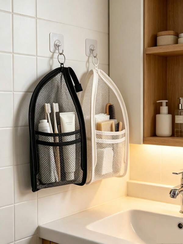 1pc Black/White Mesh Toiletry Storage Bag, Multi-Functional Portable Hanging Organizer, Toiletries Set Classification Storage, Waterproof & Moisture-Proof Bathroom Supplies, Travel Essential, Suitable For Beach, Cosmetics Storage And Daily Home Use,Bedroom Room Decor,Back To School