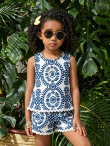 2pcs/Set Girls' Bohemian Floral Sleeveless Outfit, Summer - Blue - View 2
