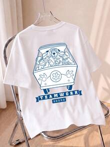 Women's Oversized Short Sleeve T-Shirt, Crew Neck Tee With Cartoon Gang & Teamwork Print - White - View 1