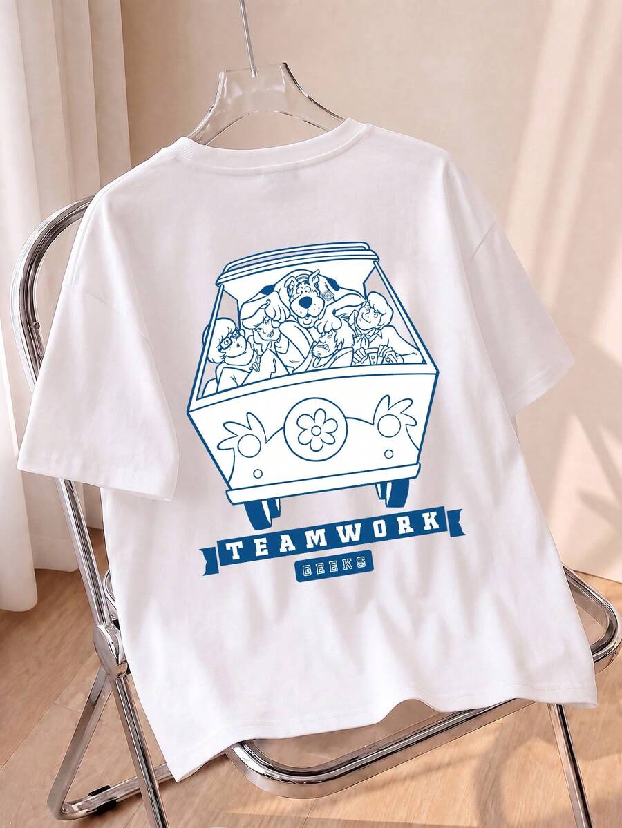 Women's Oversized Short Sleeve T-Shirt, Crew Neck Tee With Cartoon Gang & Teamwork Print - White - View 1