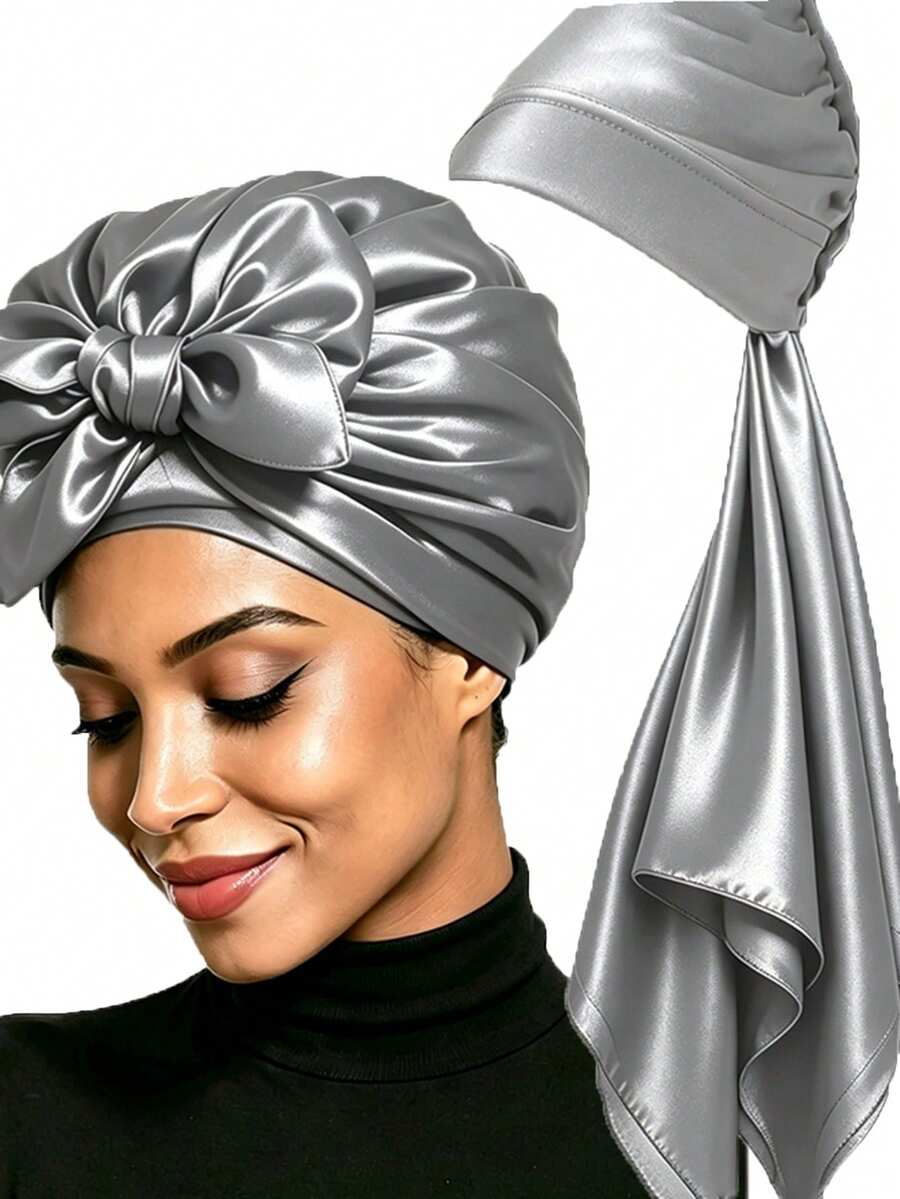 1 Set Women's Hooded Solid Color Satin Square Hijab Headscarf - Grey Seam Closed-top Hat - View 1