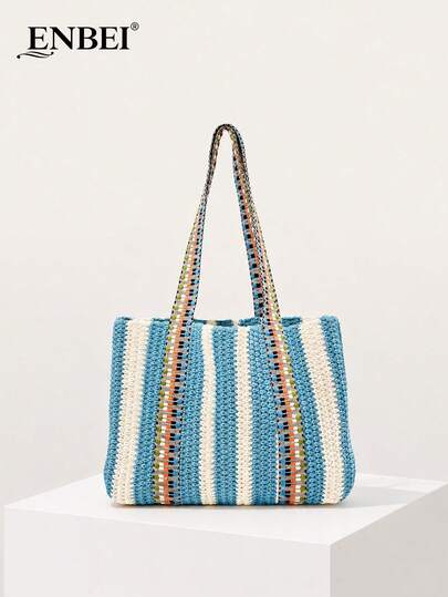 ENBEI Women's New Vintage Vacation Style Beach Bag, Summer Street Style Tote Bag, Sporty Bag, Travel Essential, Travel Must-Have, Perfect Match For Sporty Fashion Outfits, Suitable For Dating, Outing, Shopping, Vacation, Cruise Essential, Perfect As Christmas, Halloween Or Teacher's Day Gift
