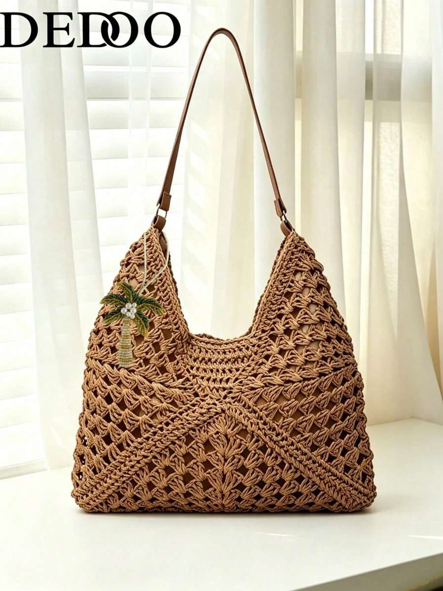 Dedoo Women's Crochet Bohemian Large Capacity Shoulder Bag, Beaded Coconut Tree Pattern, Leather Handle, Suitable For Summer (Random Pendant Hook)