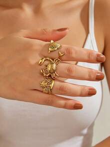 3pcs Stainless Steel 18K Gold Plated Summer Vacation Casual Style Dolphin Coconut Tree Crab Ring Set, Suitable For Women's Daily And Holiday Wear - Multicolor - View 1