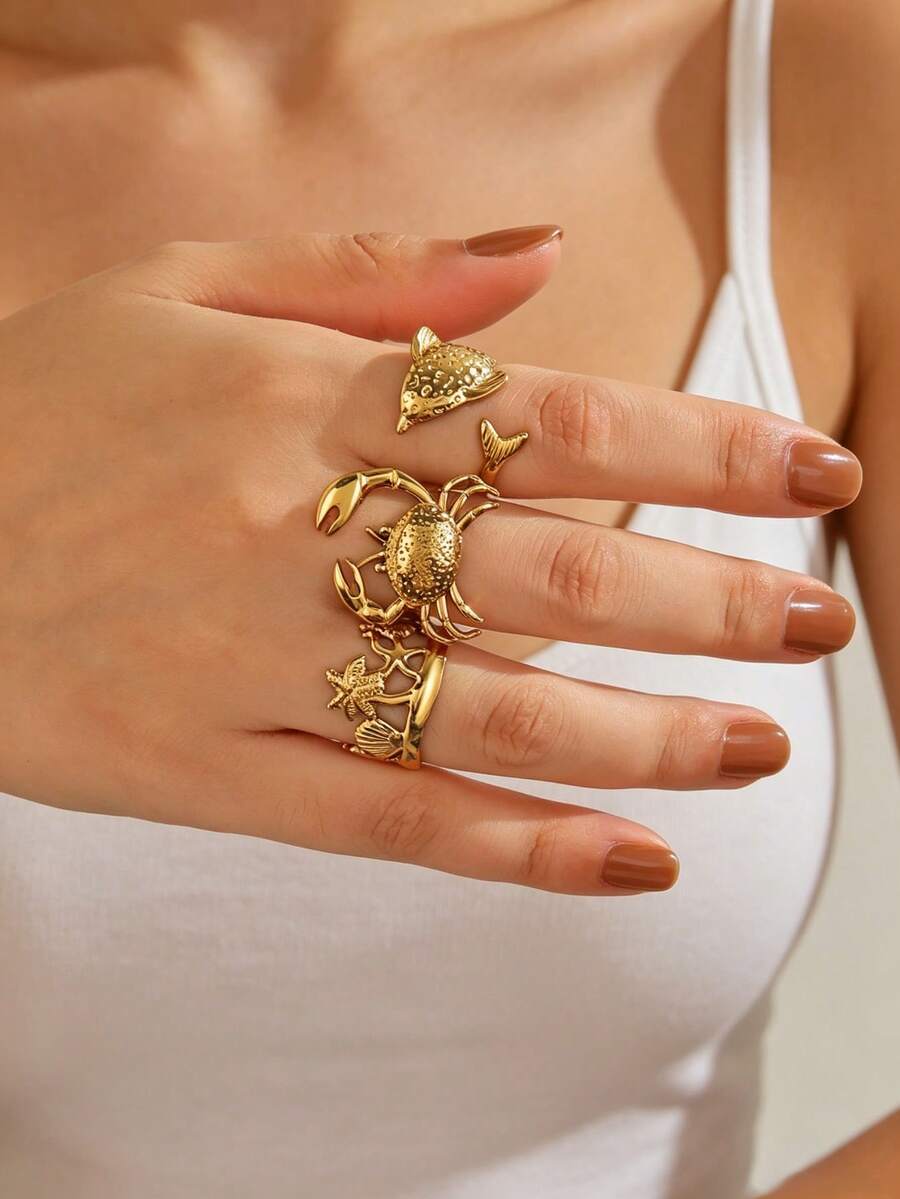 3pcs Stainless Steel 18K Gold Plated Summer Vacation Casual Style Dolphin Coconut Tree Crab Ring Set, Suitable For Women's Daily And Holiday Wear - Multicolor - View 1