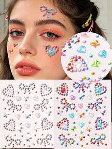2PCS Multi-Particle 3D Asymmetric Self-Adhesive Rhinestone Bow & Heart Y2K Holiday Gift DIY Music Festival Party Makeup Ball Face Decoration Rhinestone Stickers - Multicolor - View 2