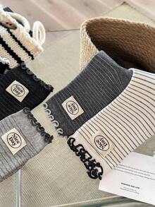 1/3 Pairs Women's Korean Vintage Ruffle Lace Striped Personalized Fabric Label Letter Daily Commute Versatile Mid-Calf Socks, Autumn/Winter - Multicolor - View 12