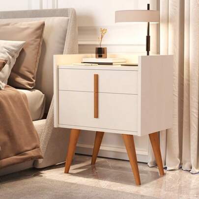 Mesa de Cabeceira Luxuosa Com Gaveta e Porta Pés Palito Denis Cores Off white