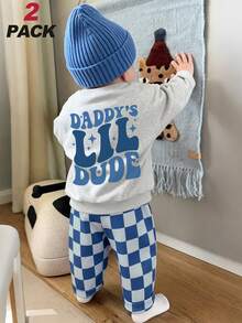 Vintage Baby Boy 2 Pieces Sports Set, Bold Slogan Print Sweatshirt & Striped Long Pants, Soft Spring/Autumn/Winter Outfit - Light Grey - View 1