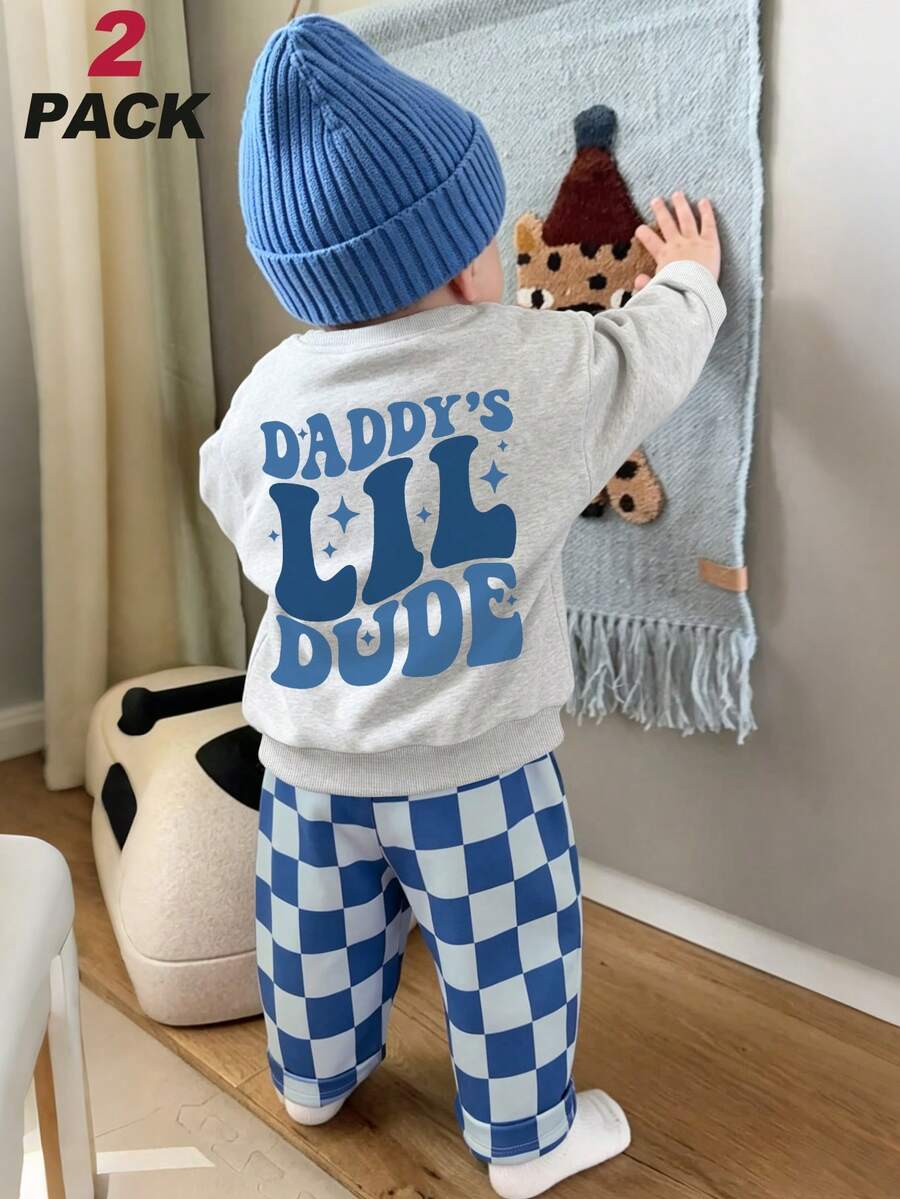 Vintage Baby Boy 2 Pieces Sports Set, Bold Slogan Print Sweatshirt & Striped Long Pants, Soft Spring/Autumn/Winter Outfit - Light Grey - View 1