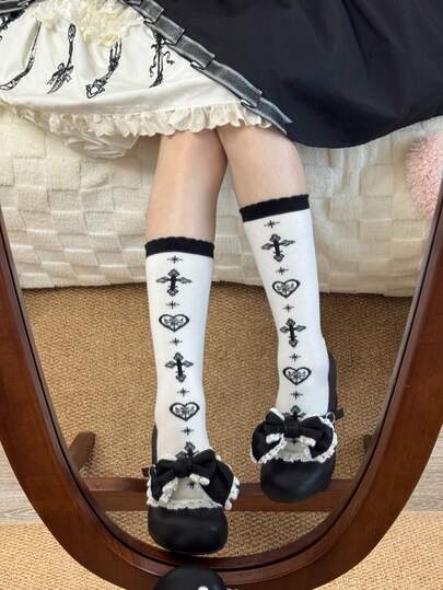 1 Pair Girls Jacquard Cross & Heart Calf Socks, Halloween Easter Party, Unique Niche Versatile