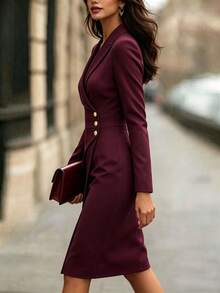 Lapel Blazer Long Sleeve Midi Sheath Dress, Single Breasted Front Slit Office Slim Outfit For Business Meetings, Daily Office & City Events - Burgundy - View 6