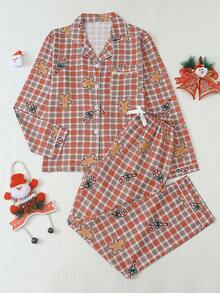 2pcs Comfortable Christmas Gingerbread Man Print Long Sleeve Collared Top And Bow Leggings Women's Pajama Set - Khaki - View 1