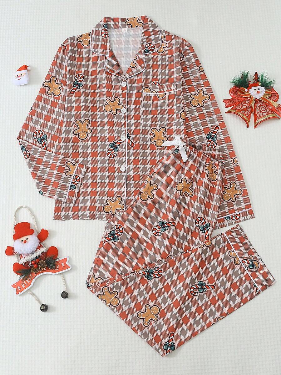 2pcs Comfortable Christmas Gingerbread Man Print Long Sleeve Collared Top And Bow Leggings Women's Pajama Set - Khaki - View 1