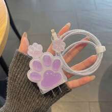 5件裝可愛紫色貓爪充電線保護套，適用於 Apple 18/20W 快充與數據線，日韓風，TPU 材質，防塵防摔 - 淡紫色 - 查看 2