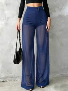 Women's Solid Color Sheer Mesh Casual Elegant High Waist Straight Leg Pants, Suitable For Daily Wear, Commuting, Dating, Gathering - Royal Blue - View 5