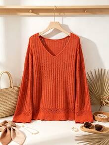 HOMEYEE Bright Orange V-Neck Hollow Crochet Knit Sweater Women Loose Lantern Long Sleeve Thin Vacation Style Solid Color Pullover Top - Orange - View 6