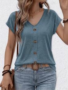 Plus Size Women's Casual V-Neck Button Front Short Sleeve Top, Autumn Knit Basic T-Shirt - Dark Blue - View 1