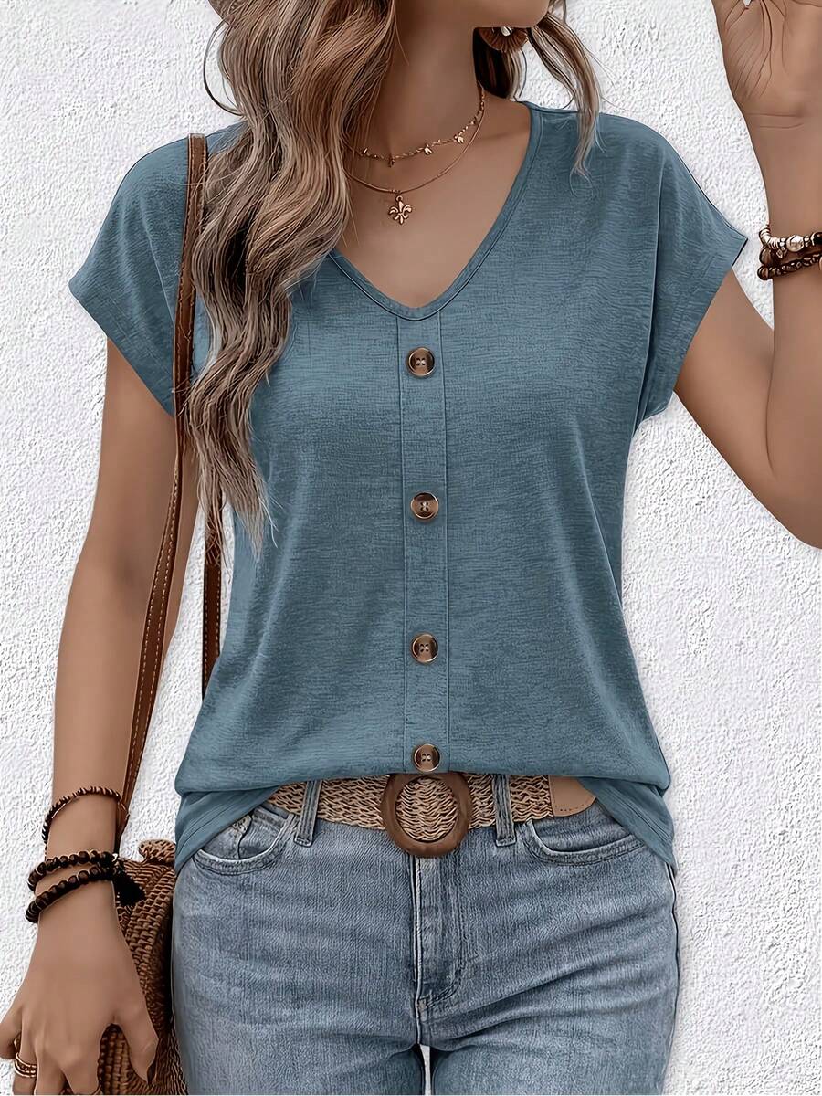 Plus Size Women's Casual V-Neck Button Front Short Sleeve Top, Autumn Knit Basic T-Shirt - Dark Blue - View 1