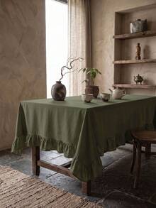 1pc Solid Color Vintage Style Ruffle Edge Dust-Proof Tablecloth, High-End Feel, Lightweight And Breathable, Suitable For Dining Room, Living Room, Bedroom - Army Green - View 5