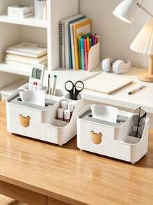 1pc Multifunctional Plastic Tissue Box With Side Storage Compartments, Cute Bear Decor Napkin Dispenser Holder For Remote Controls Small Items, Desktop Tissue Organizer For Coffee Table Living Room Bedroom Dorm Home Decoration - Multicolor - View 3