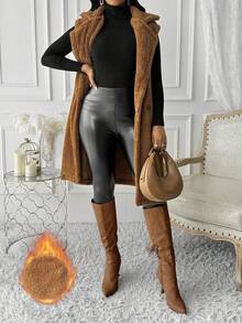 Women's Casual Lapel Double Button Pocket Solid Color Fleece Cardigan Jacket - Brown - View 4