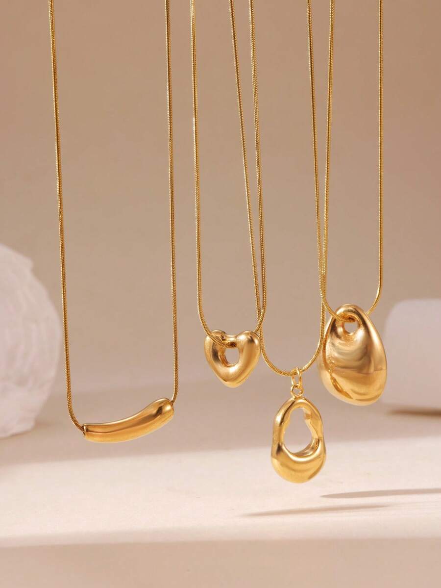 GEREIT 1PC/4PCS Casual Fashion 18K Gold Stainless Steel Polished Water Drop Heart Hollow Twisted Long Layered Necklace, Suitable For Daily Commute Wear And Gift Giving - Gold - View 1
