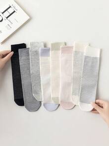 5 Pairs Women's Thin Vertical Striped Color Block Mid-Calf Slouch Socks, Minimalist Black White Gray Light Color Palette Soft Breathable All-Match Long Socks, Flattering Calf Shape, Non-Tight Non-Constricting, Versatile For Commute And Student (Random Color) - Multicolor - View 1