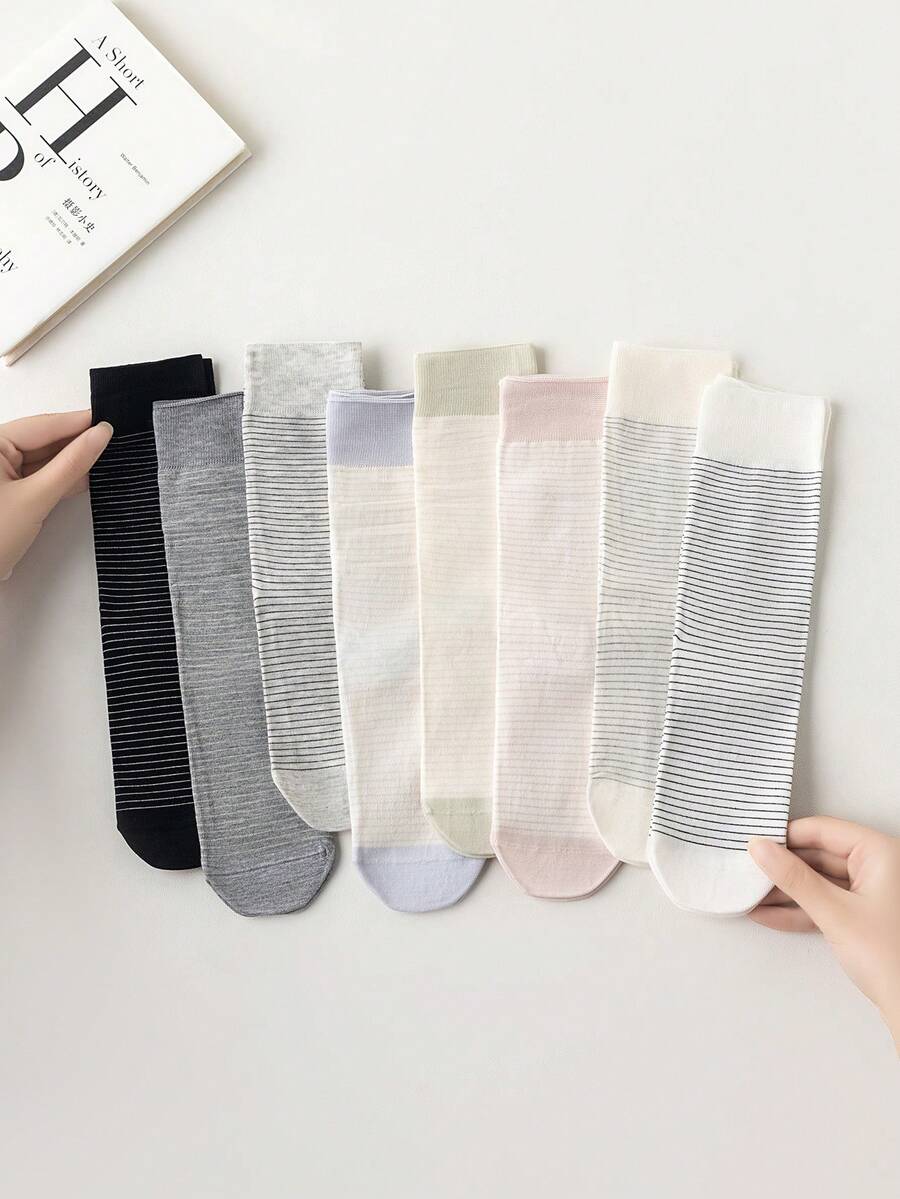 5 Pairs Women's Thin Vertical Striped Color Block Mid-Calf Slouch Socks, Minimalist Black White Gray Light Color Palette Soft Breathable All-Match Long Socks, Flattering Calf Shape, Non-Tight Non-Constricting, Versatile For Commute And Student (Random Color) - Multicolor - View 1
