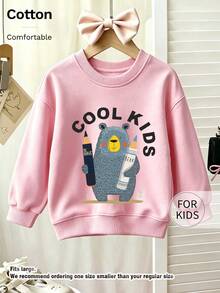 Tween Girl Crew Neck Sweatshirt, Cool Tween Girl Bear With Pencils Graphic Print Cotton Pullover For Tween Girl - Pink - View 7