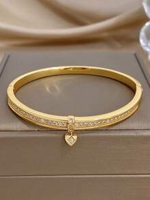 1pc Elegant Hollow Heart Series Bangle Bracelet For Women Luxury Zirconia Golden Copper Bangle For Daily Party Valentine Birthday Christmas Jewelry Gift - Multicolor - View 7