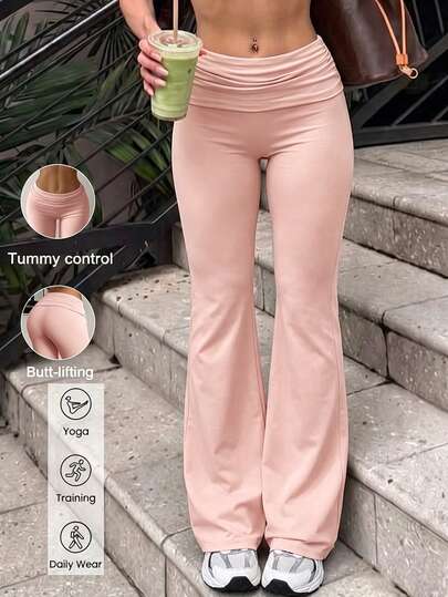 Aoqta Sports Women's Autumn Casual Pants, Solid Color Folded Waistband Ruched Basic Slim Fit Flare Pants,For Yoga, Gym,Fitness,Training,Daily Wear