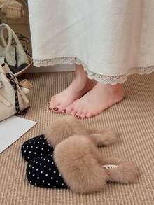 Women's Polka Dot Plush Square Toe Closed Toe Fuzzy Mule Slippers, Retro Round Dot Outdoor Wear Fuzzy Slippers, Autumn/Winter Home - Black - View 2