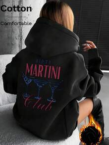 Warm Lined Casual Hooded Sweatshirt With Drawstring And Drop Shoulder Long Sleeves - Black - View 2