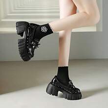 Punk Style Rivet Bow Thick Sole Loafers Women Glossy Chunky Heel Height-Increasing Retro Commute Shoes - Black - View 4
