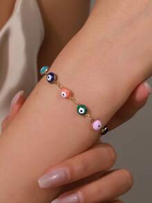 1pc Fashion Bohemian Style Stainless Steel Enamel Turkish Evil Eye Bracelet For Women, Colorful Evil Eye Pendant Jewelry Gift, Random Eye Color - Multicolor - View 4