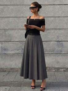 Plus Size Grey High Waist Pleated Skirt For Women, Slimming A-Line Mid-Length Skirt, Professional Office Style, Suitable For Daily Casual And Commute Wear - Grey - View 6