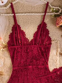 Women's Floral Lace 2 Pieces Lingerie Set, V-Neck Spaghetti Strap Ruffle Nightgown With Matching Thong - Burgundy - View 4