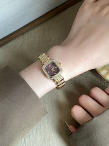 Luxury Square Gold Women's Watch, Deep Red Dial, Diamond-Studded Bezel, Minimalist Markings, Suitable As Daily Gift - Gold - View 4
