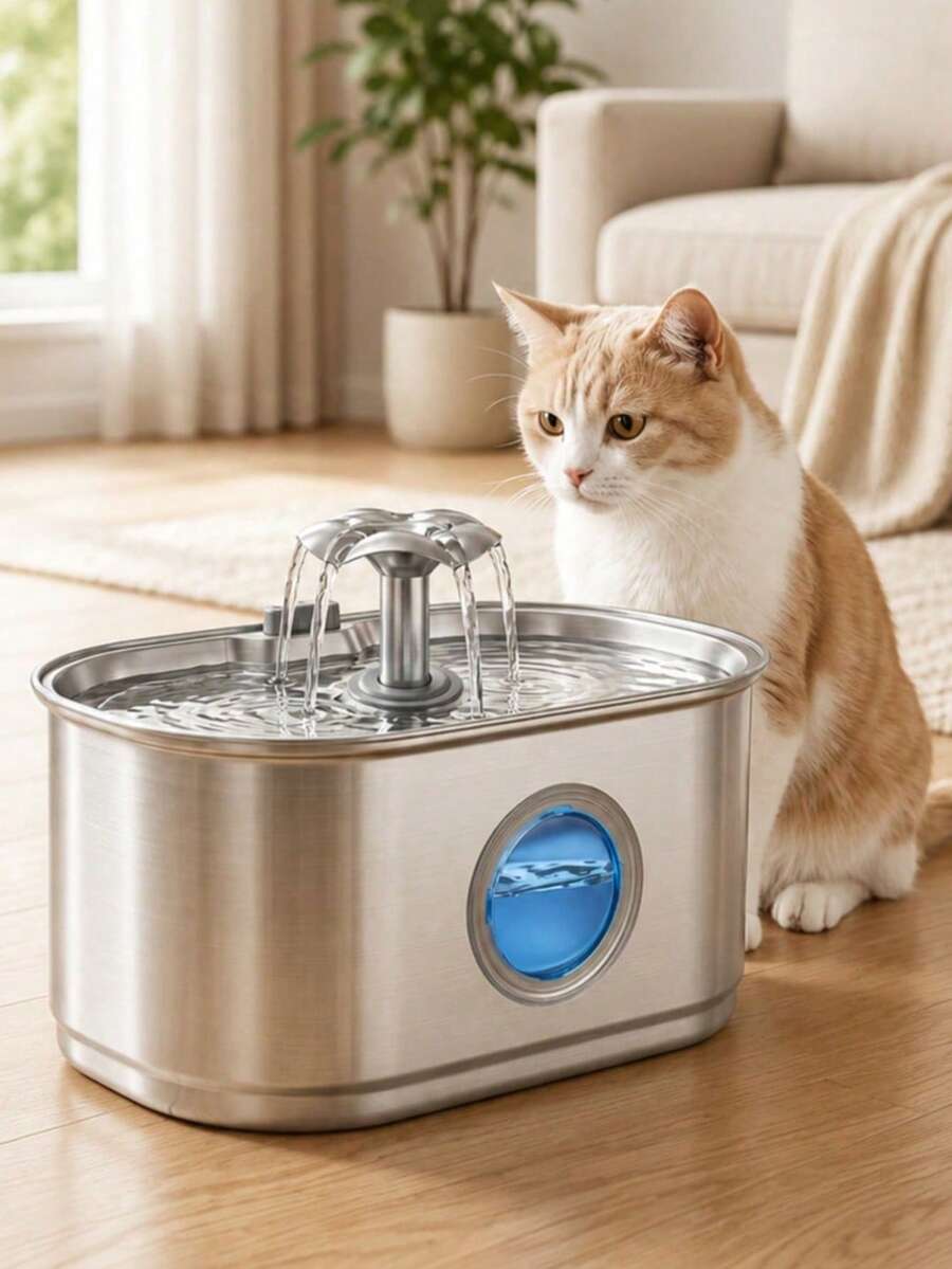 3.2L/108Oz Quiet Cat Water Fountain, Stainless Steel Automatic Pet Water Dispenser With Visible Window, Provides Pure And Fresh Water For Pets, Indoor Multi-Pet Water Fountain, USB Powered, Adapter Not Included, Replacement Filter Cartridges Available Separately