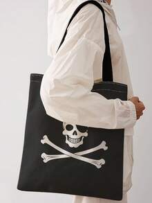 1pc One‑Eyed Skeleton Print Shoulder Tote,Large Capacity For Books,Groceries&Daily Beach Travel School Use.For Students&Women,Great Daily Bag Or Gift - Multicolor - View 1
