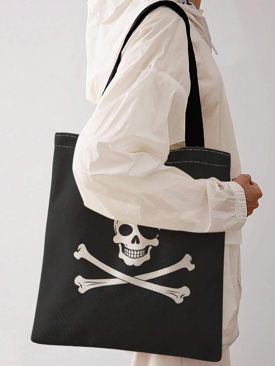 1pc One‑Eyed Skeleton Print Shoulder Tote,Large Capacity For Books,Groceries&Daily Beach Travel School Use.For Students&Women,Great Daily Bag Or Gift - Multicolor - View 1