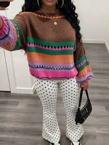 DVSLOE Women Y2K Color Block Fall Winter Sweater, Boat Neck Lantern Long Sleeve Hollow Out Striped Knit Pullover For Daily, Dating, Going Out - Multicolor - View 5