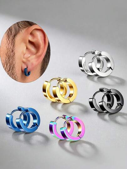 5 Pairs 304 Stainless Steel Multicolor Huggie Earrings Set, Minimalist Hip Hop Unisex Hypoallergenic Jewelry For Daily Gift ﻿