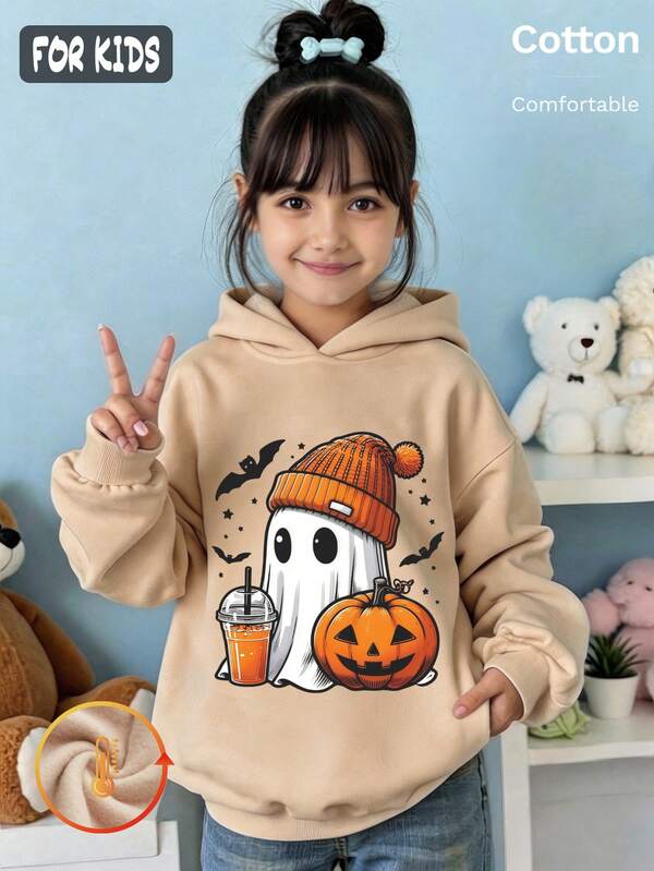 Autumn Girls Ghost Pumpkin Bat & Drink Cup Print Hoodie For Halloween