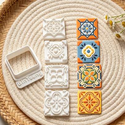 6Pcs Spanish Vintage Tile Clay Cutters, Boho Ornate Geometric Floral Square Molds For Polymer Clay DIY Jewelry Making